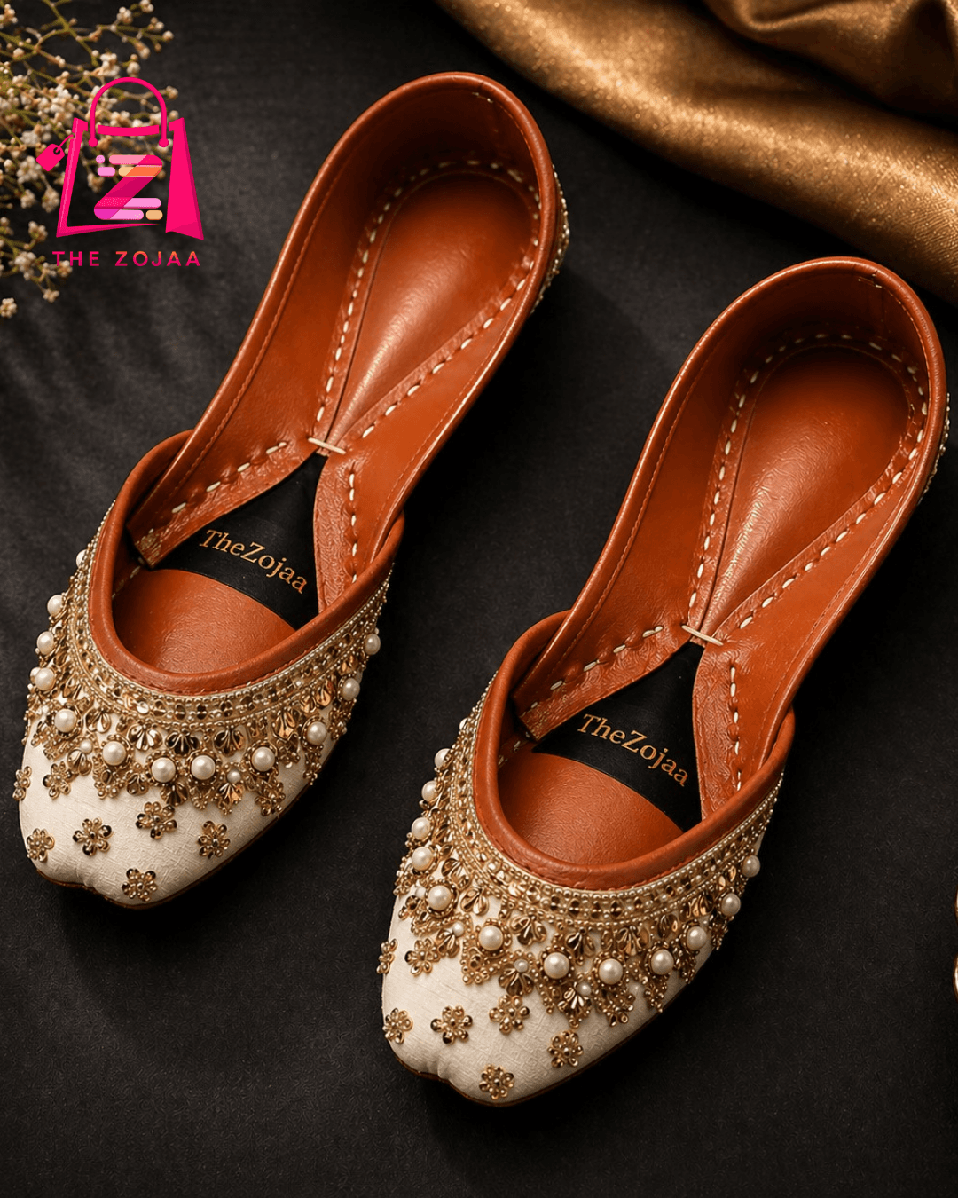 Luxury White & Gold Embellished Khussa