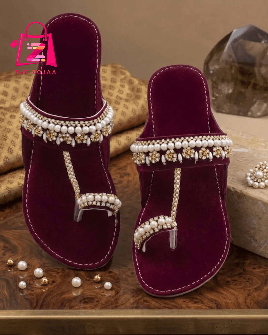 Maroon Velvet Pearl Kolhapuri