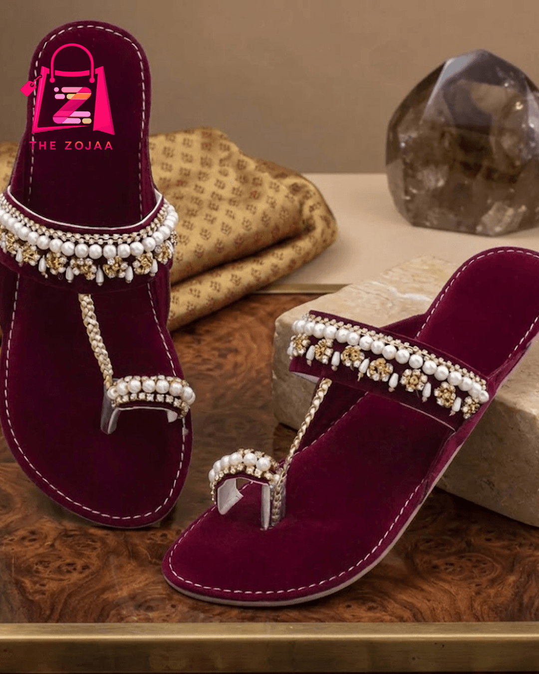 Maroon Velvet Pearl Kolhapuri