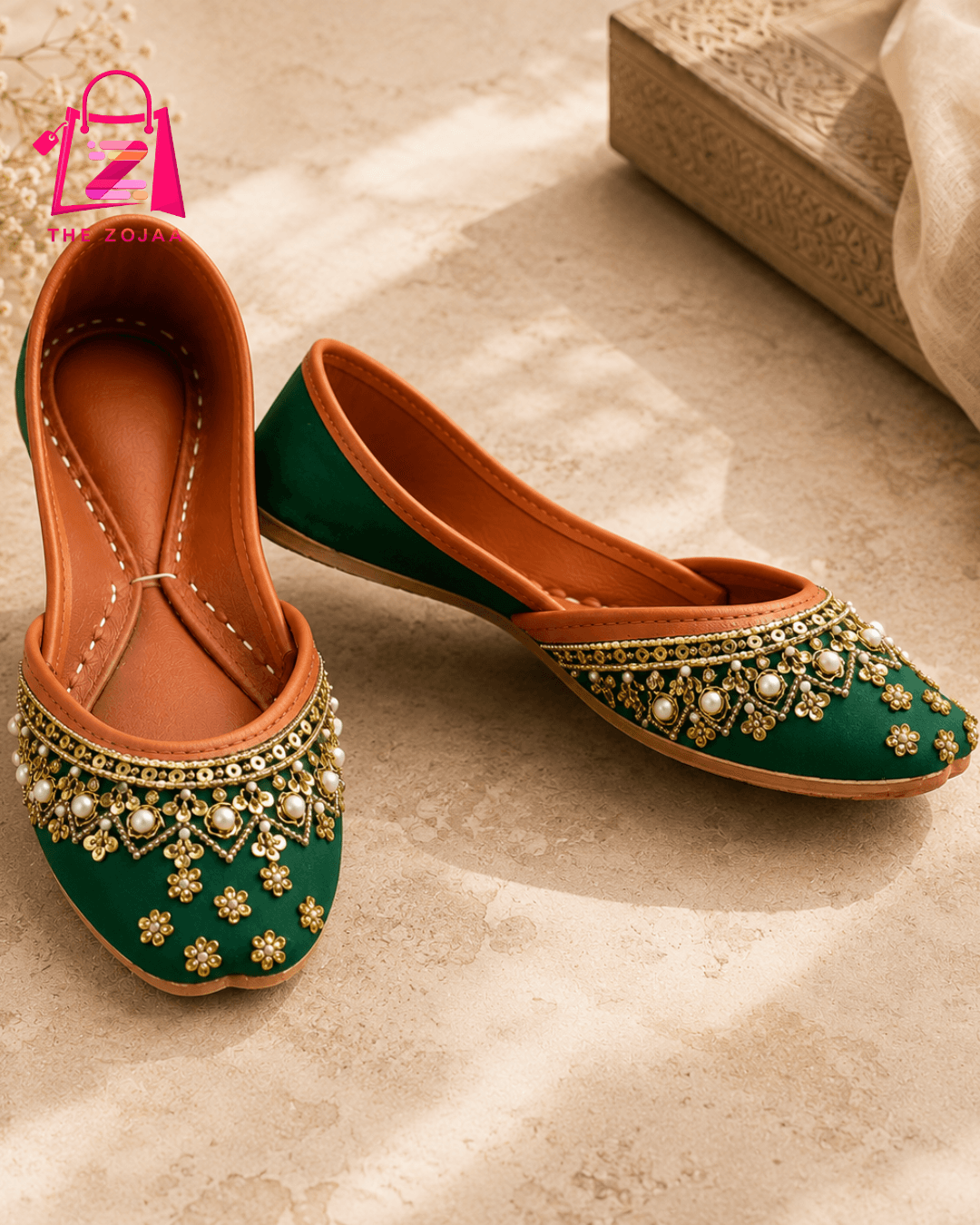 Luxury Green & Gold Embellished Khussa