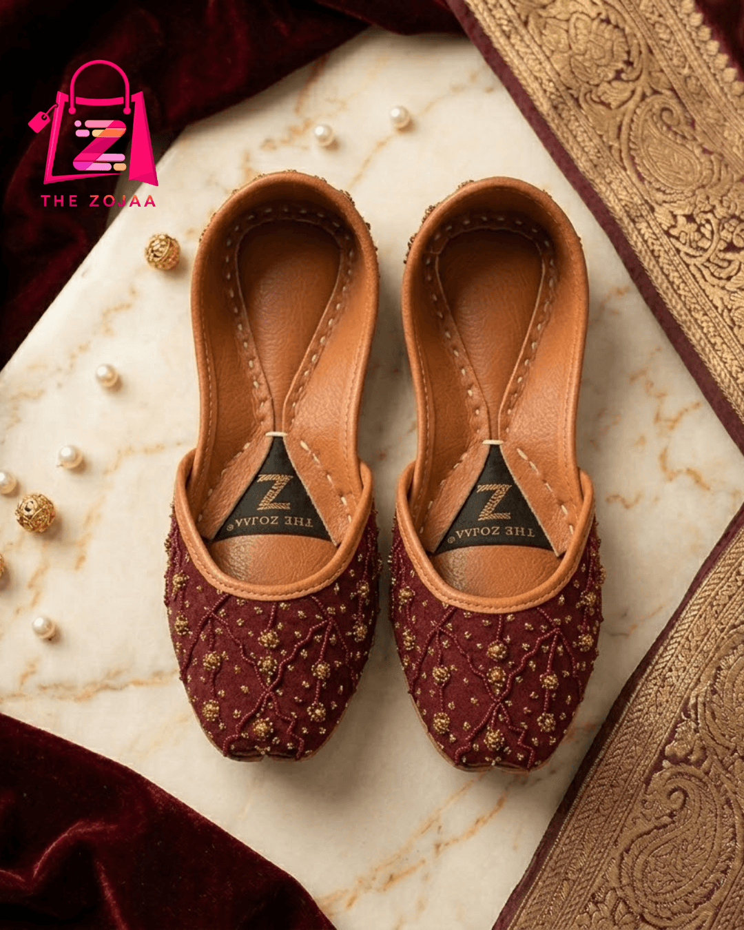 Maroon Rose Gold Embellished Khussa