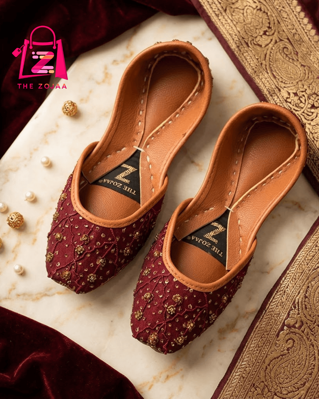 Maroon Rose Gold Embellished Khussa