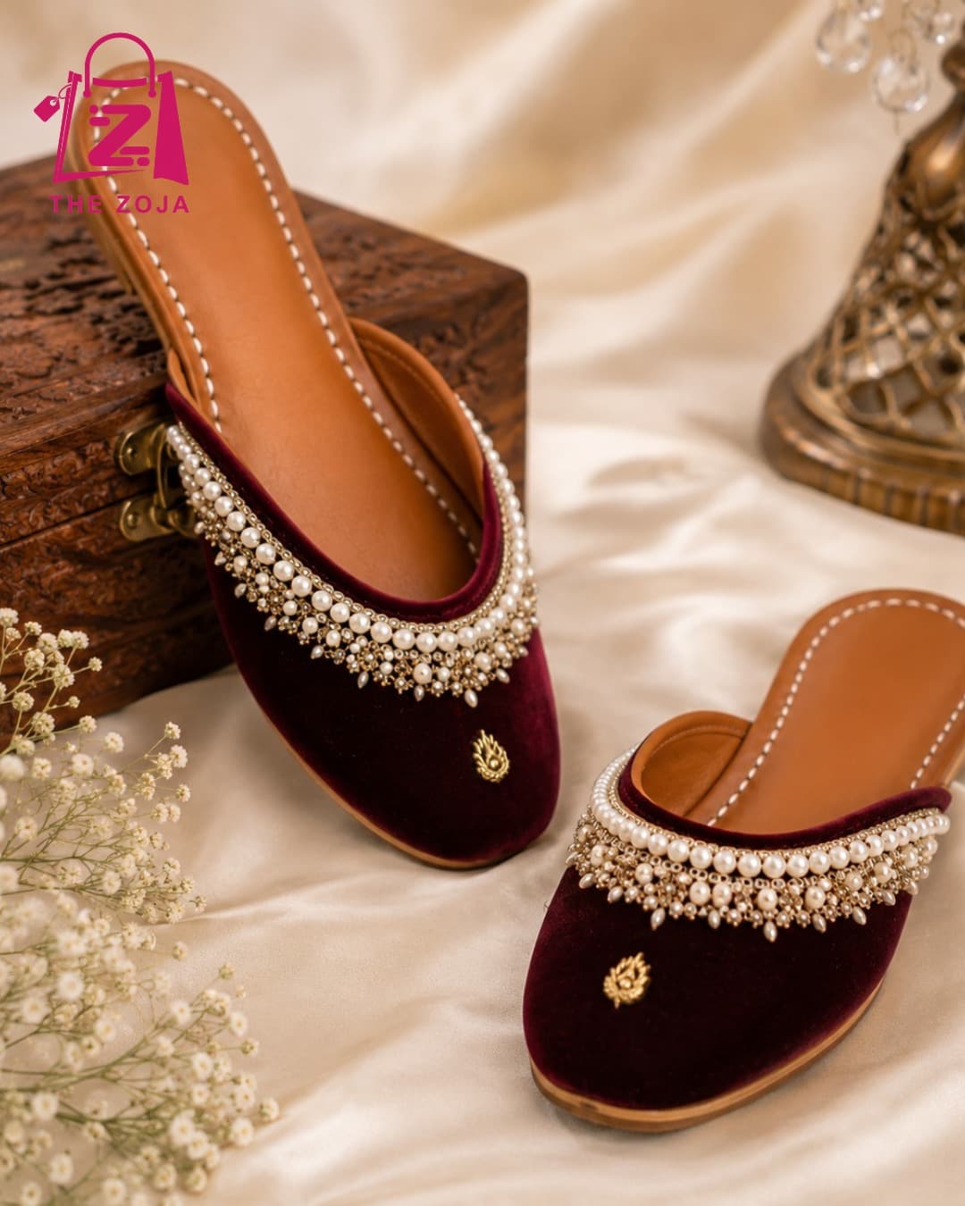 Maroon Velvet Pearl Backless Jutti